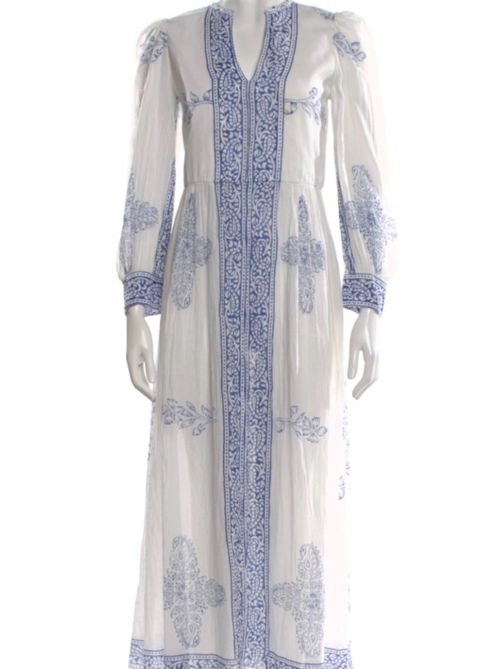 Alix Of Bohemia White Maxi Dress with Blue Embroidered Trim